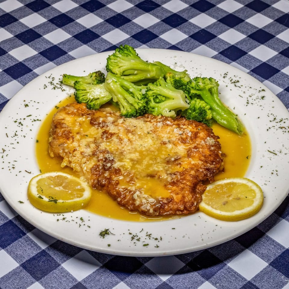 Chicken piccata with lemon slices and broccoli on a white plate, on a blue and white checkered tablecloth.
